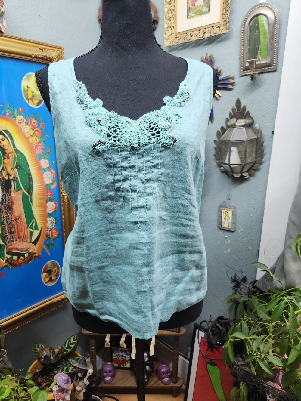 Rafaella Linen Light Teal Crochet-Trim Sleeveless Camisole